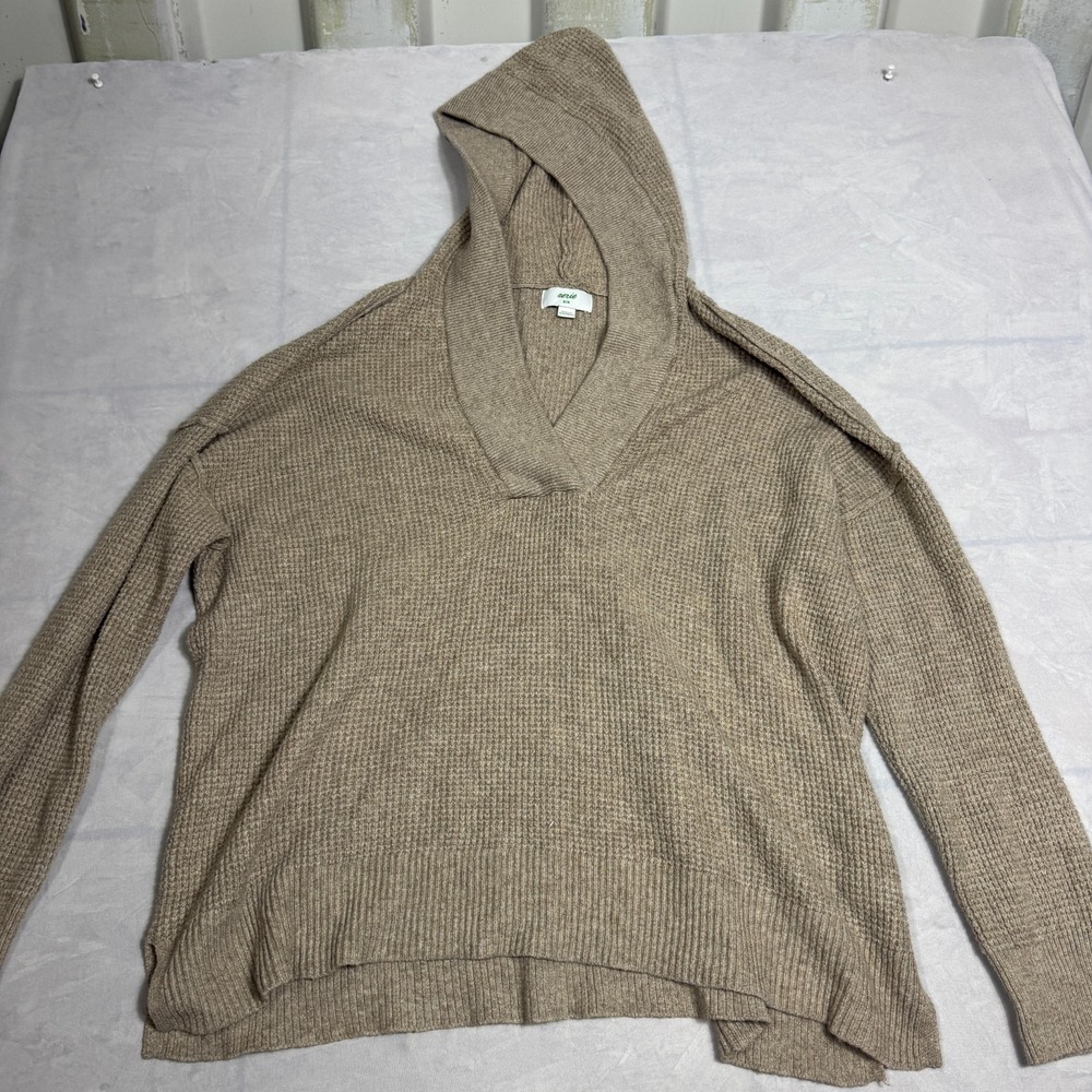 Aerie Womens Pullover Sweater‎ Beige Waffle Knit V-Neck Hooded CozyUp Size M